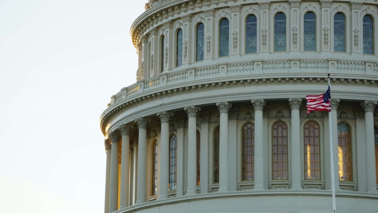 The US Capitol with an American flag