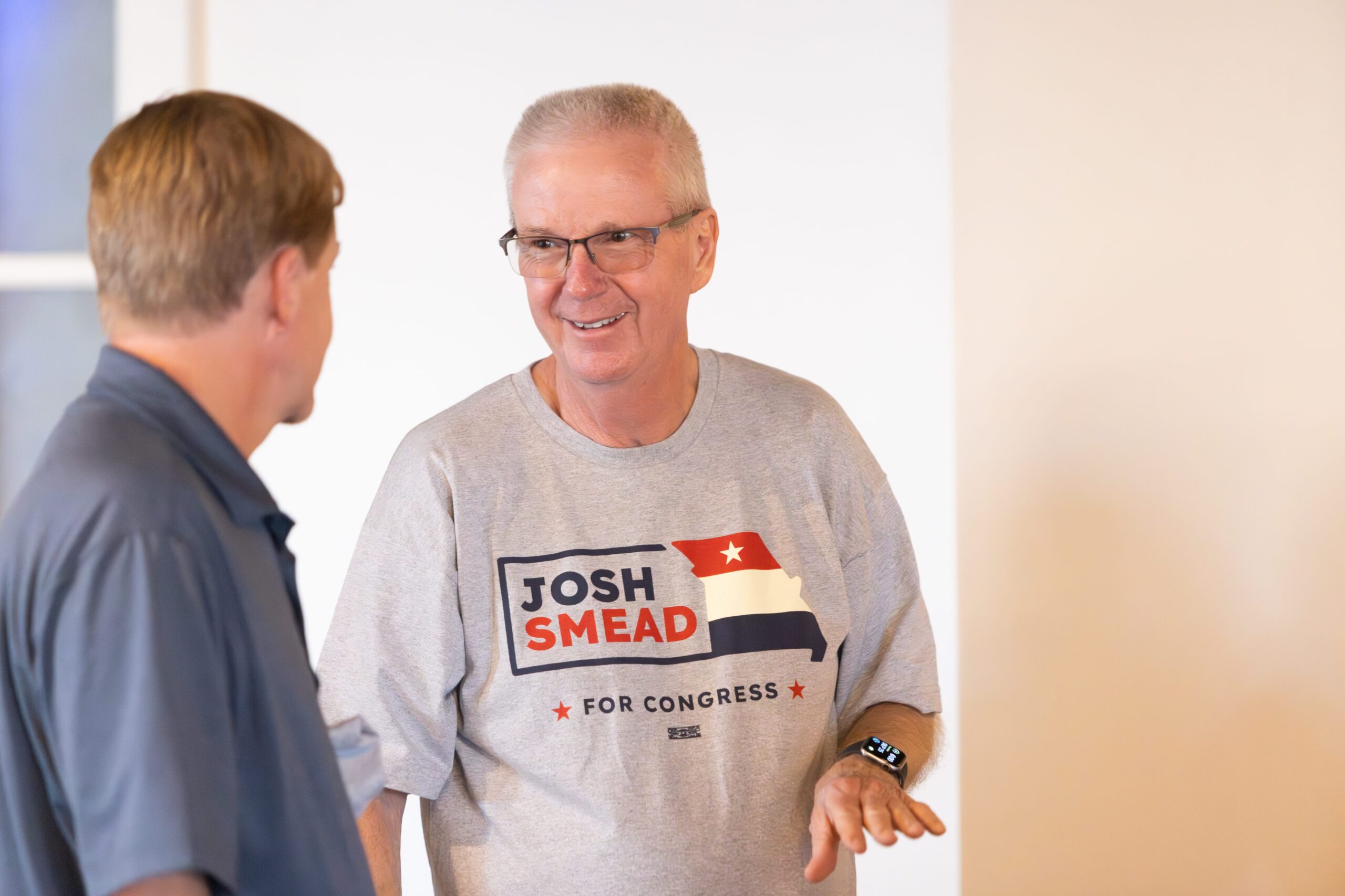 Volunteer wearing a Josh Smead for Congress shirt at a campaign kickoff